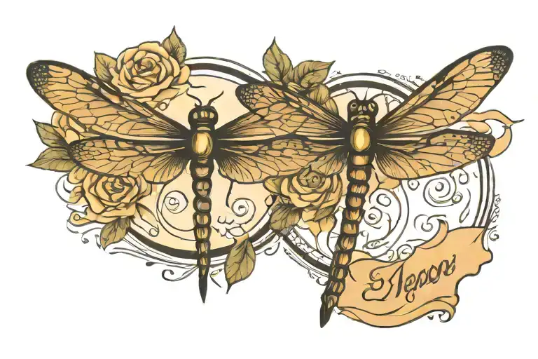 Couple Tattoo Simple Circle Shape With Wedding Date And A Dragonfly