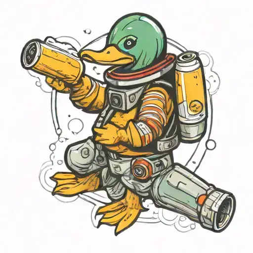 Duck Wearing Space Suit With A Beer Bottle