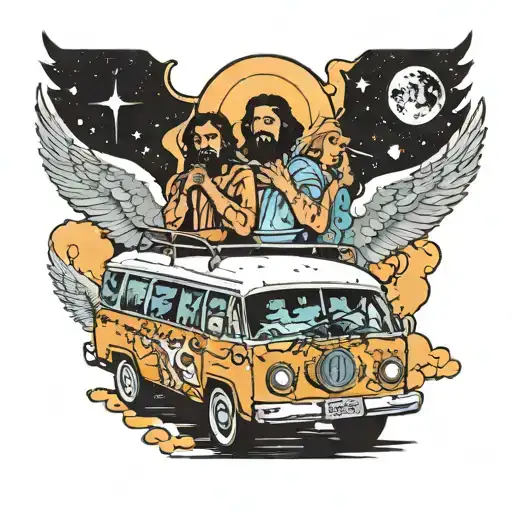 Angels Smoking Cigarettes On The Roof Of An Astro Van With Jesus Driving