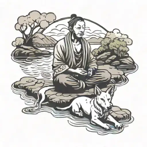 A Figure Meditating By A River With A Dog