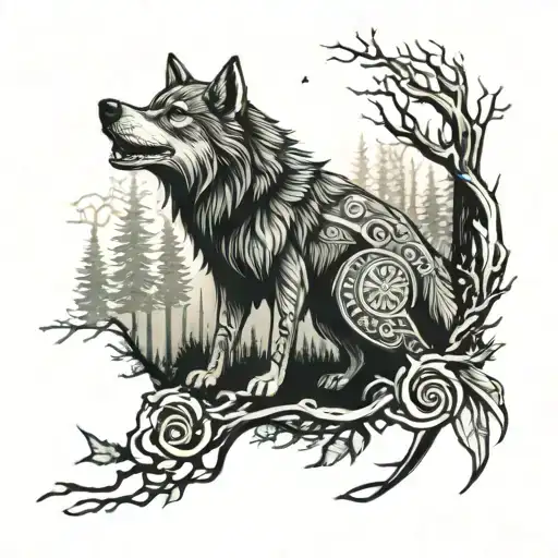 Forest With A Wolf And Vikings