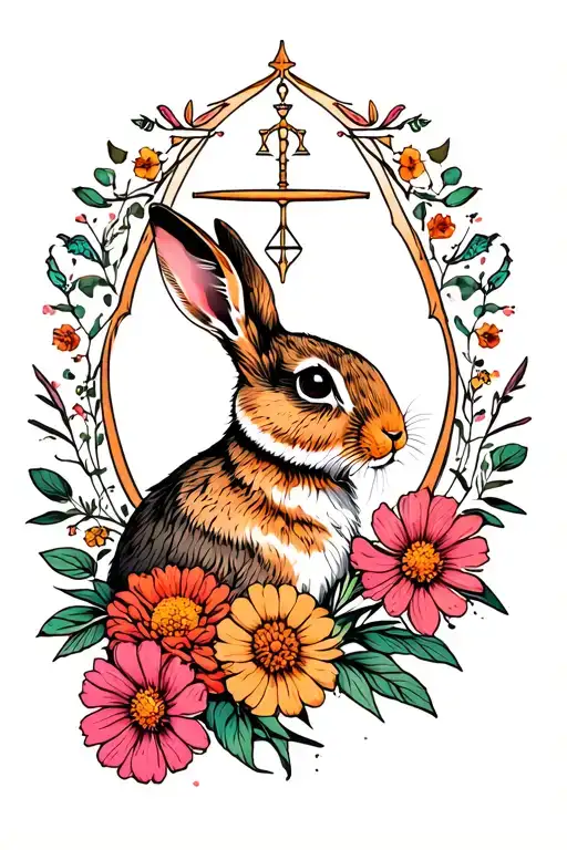 Marigolds And Cosmos In Pink And Orange With A Rabbit Libra Symbol