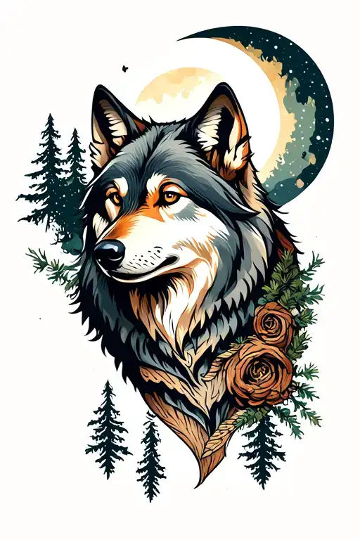 Wolf With Woods And Moon Merging Together