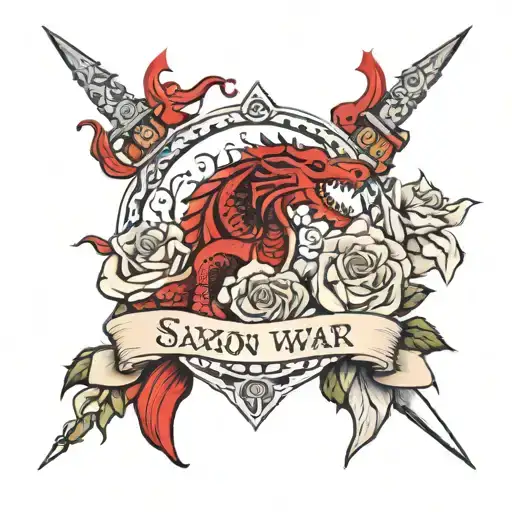 Saxon War Banner With White And Red Roses And English Dragon Tattoo