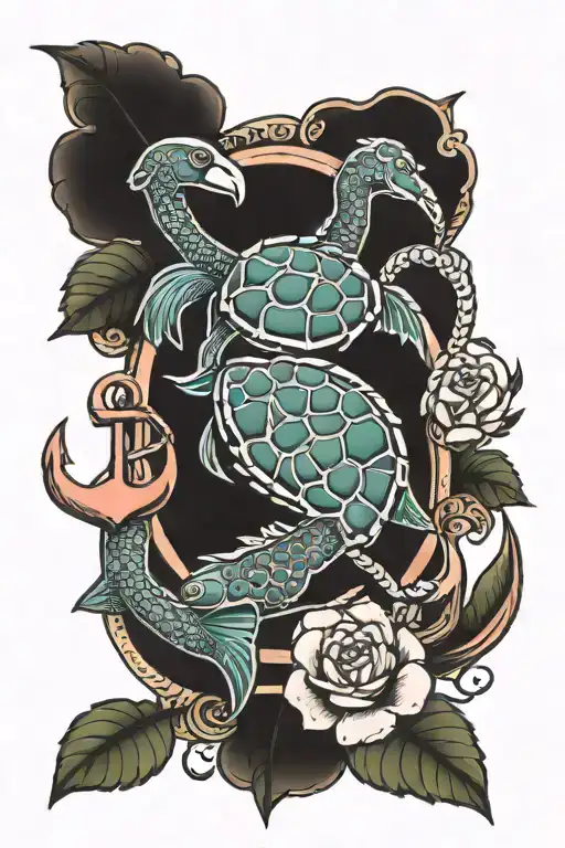 Anchor With Turtle And Flamingo Surrounded