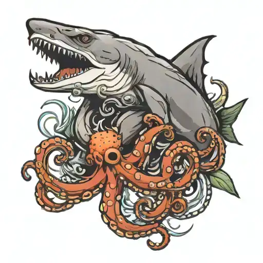 Octopus Fighting Shark Swimming Together Symbolizing