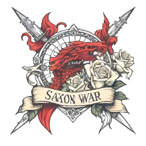 Saxon War Banner With White And Red Roses And English Dragon