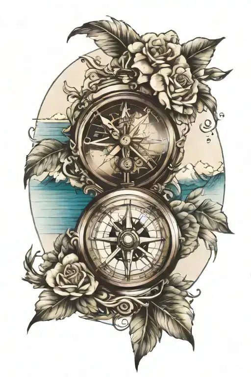 Create A Tatto With A Realistic Compass Surrounded By Sea And Mountains