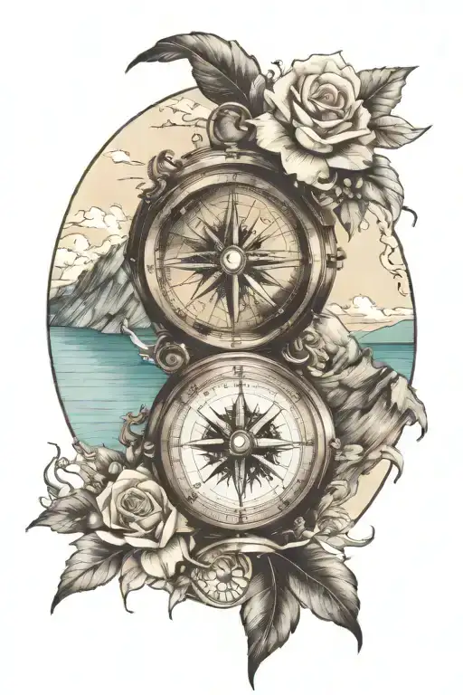 Create A Tatto With A Realistic Compass Surrounded By Sea And Mountains
