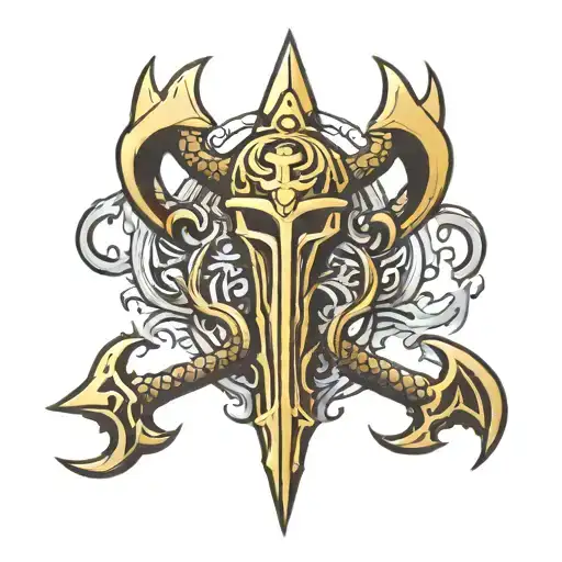 Create A Small Tattoo Design Of A Trident With Golden Tips And A Dragon Wrapping Around It