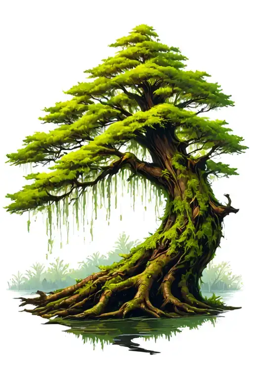 Bald Cypress Knee With Moss Covered Tree
