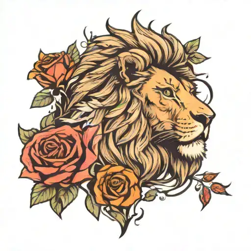 Lion Head With Forest Scene With A Rose Above It