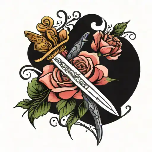 Dagger Going Through Rose With Flowers Behind