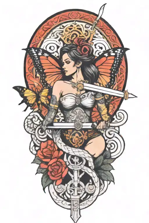 Butterfly And Sword And Woman Body And Snake Wrapped