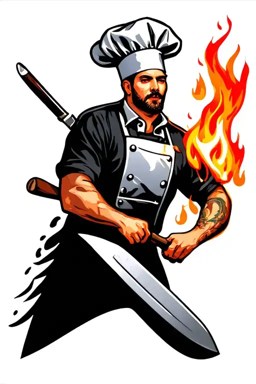 Chef Cook Hat With Knife On Fire