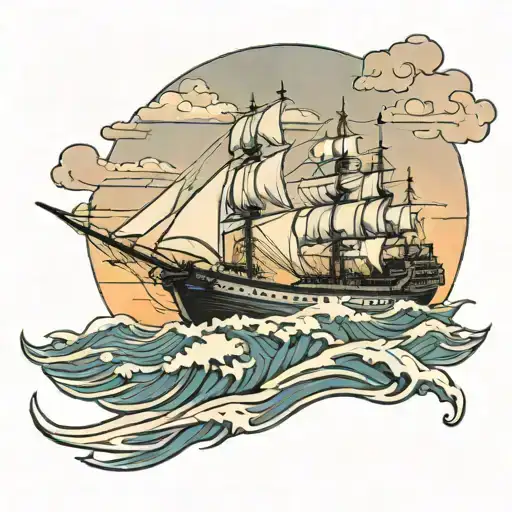 Cruiser Warship Over The Sea At Sunset In Sample Outline Design In Extreme Wide Shot