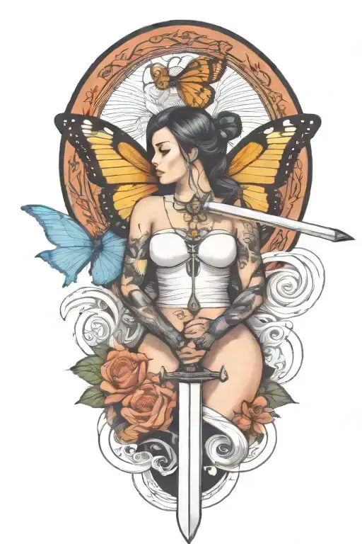 Butterfly And Sword And Woman Body And Snake Wrapped