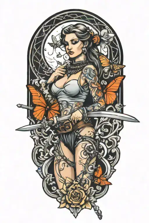 Woman Body Holding Chain Collar And Sword And Butterfly