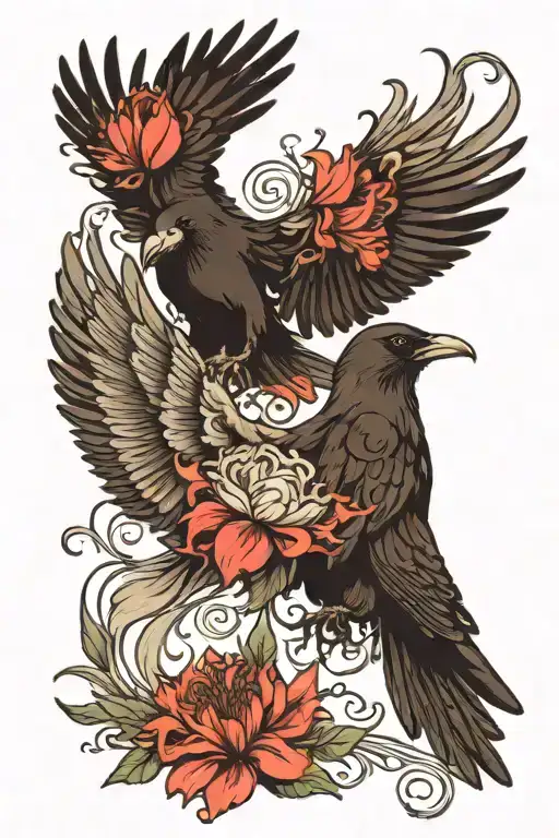 One Black Raven And One White Dove Flying And Lycoris Radiata