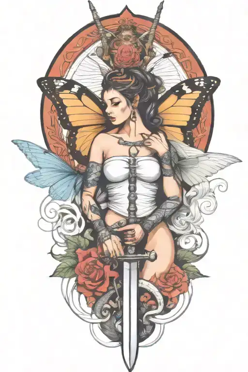 Butterfly And Sword And Woman Body And Snake Wrapped