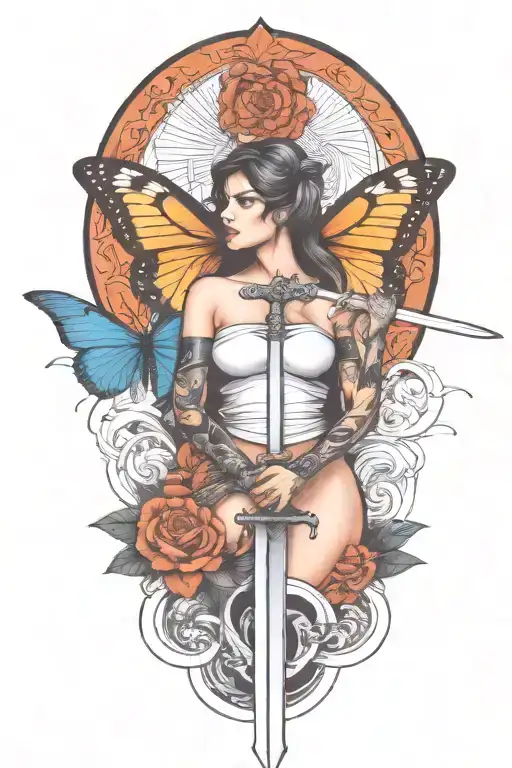 Butterfly And Sword And Woman Body And Snake Wrapped