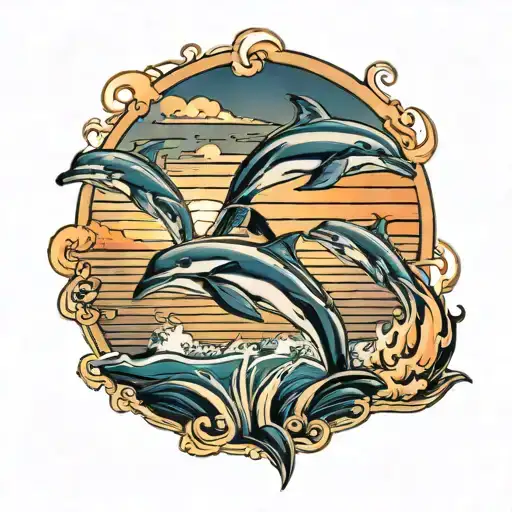 A Tattoo With A Sunset In The Background With Three Dolphins Jumping Out Of The Water