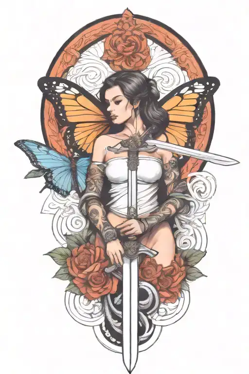 Butterfly And Sword And Woman Body And Snake Wrapped