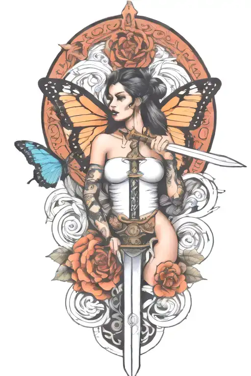 Butterfly And Sword And Woman Body And Snake Wrapped
