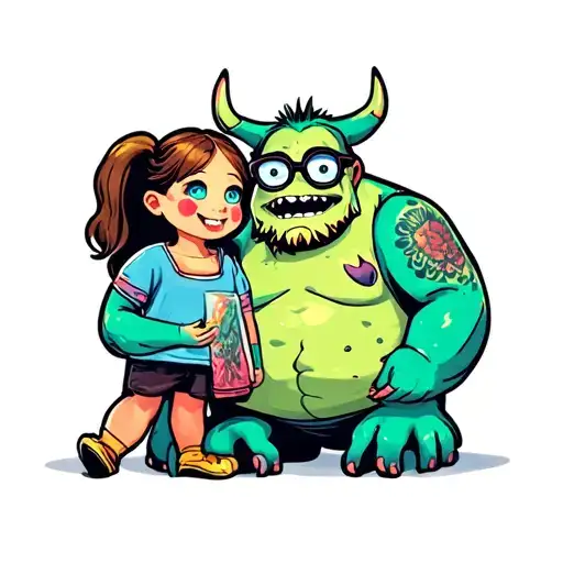 Funny Monster Father With Glasses Holding Monster Daughter