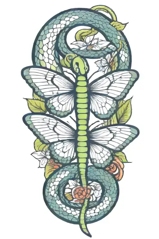 Snake Wrapped And Butterfly Flying