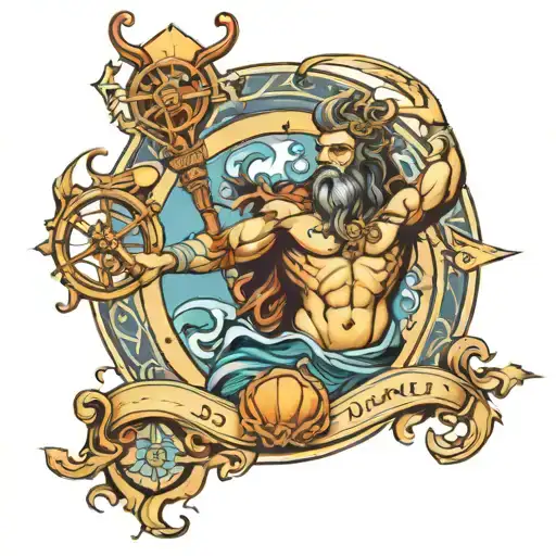 Poseidon Holding The Trident And Compass Rose With Intricate Details