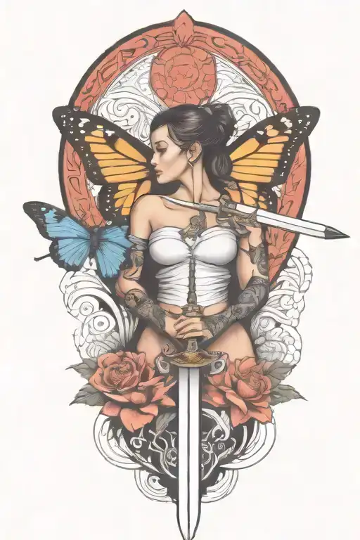 Butterfly And Sword And Woman Body And Snake Wrapped