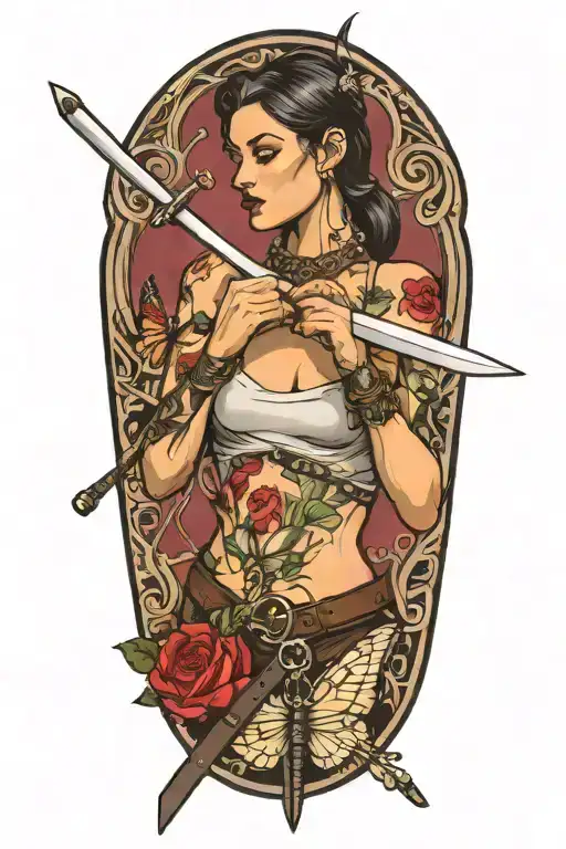 Woman Body Holding Chain Collar And Sword And Butterfly