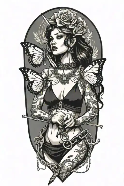 Woman Body Holding Chain Collar And Sword And Butterfly