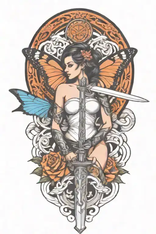 Butterfly And Sword And Woman Body And Snake Wrapped