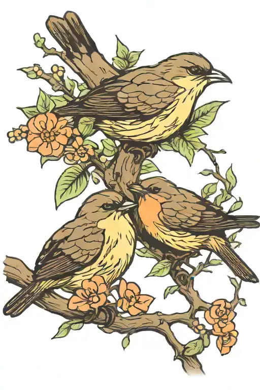 Mother And Baby Bird On Tree Branch Eating Worms