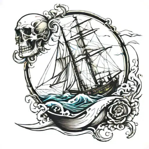 A Modern Sloop Type Sailboat Battling Rough Seas In A Fishbowl Being Held By A Skeleton Hand