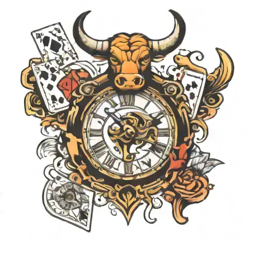 Bull And Clock And Playing Cards Arranged