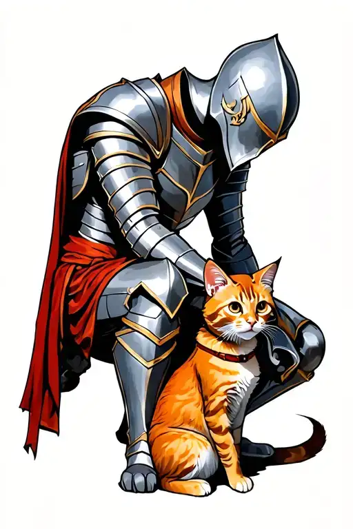 Human Knight Kneeling Down To Pet Small Orange Cat