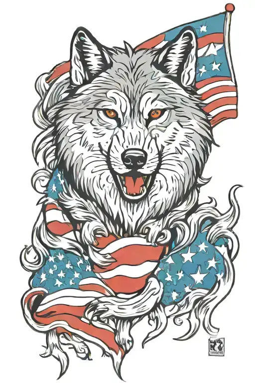 Wolf With American Flag Waving