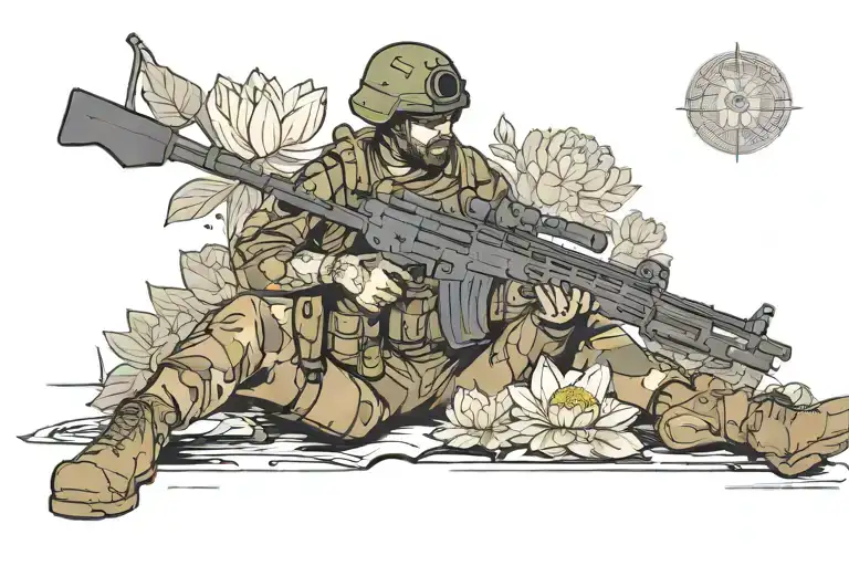 Soldier With A Kalashnikov Assault Rifle Against The Background Of A Lotus With A Book In
