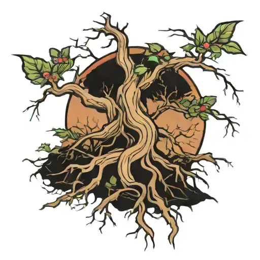 A Tree Which Has Been Cut Down With Large Roots But A Small Branch Is Budding Now