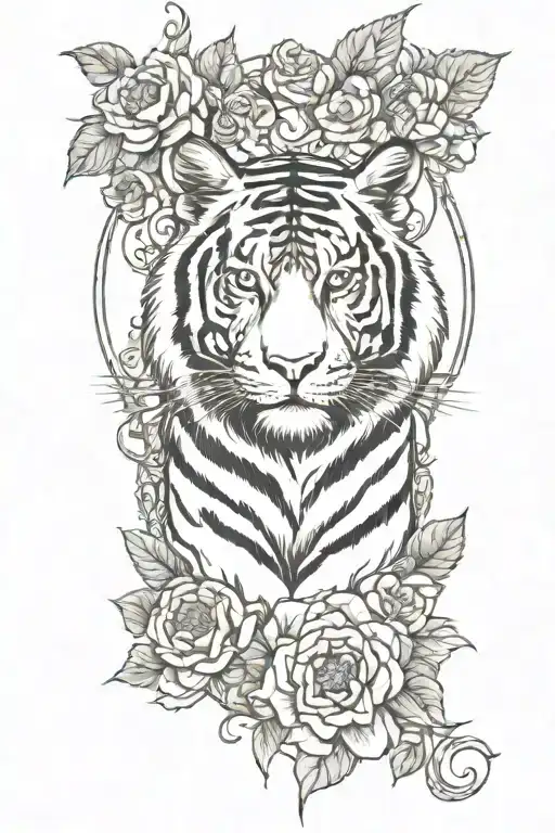 Bengal Tiger In A Vintage Frame With Flowers Intertwined