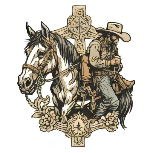 Cowboy With His Horse Praying At The Cross