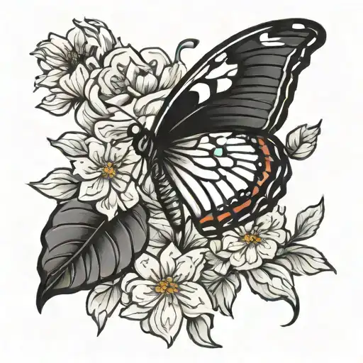 Butterfly On Top Of Flower Large Black Leaves