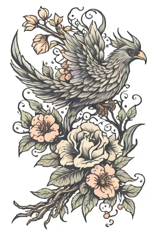 A Twig With Flowers And A Phoenix Rising