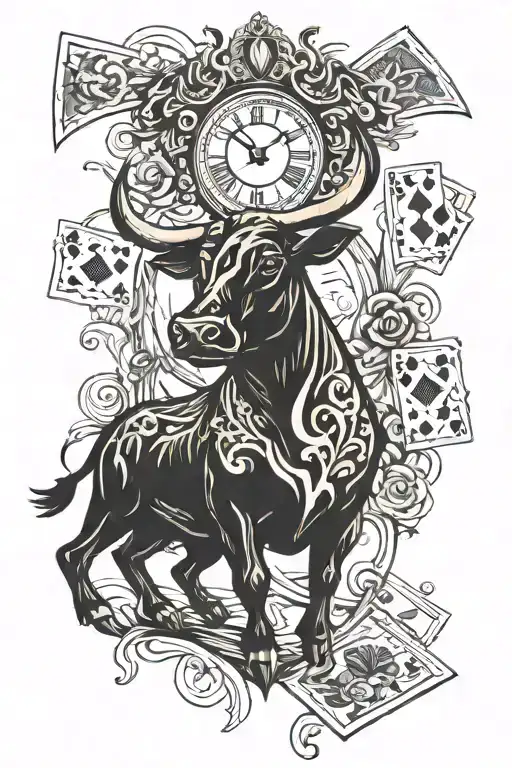 Bull And Clock And Playing Cards Arranged