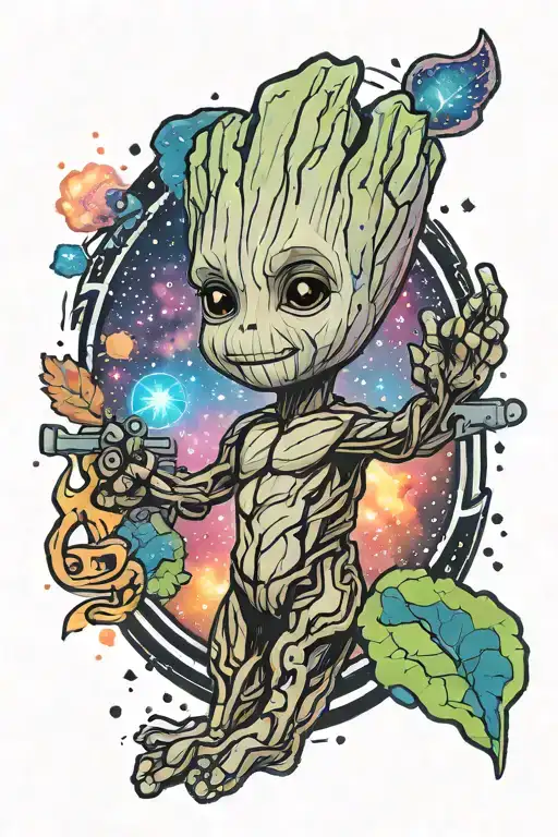Baby Groot With A Bright Colorful Nebula In The Background