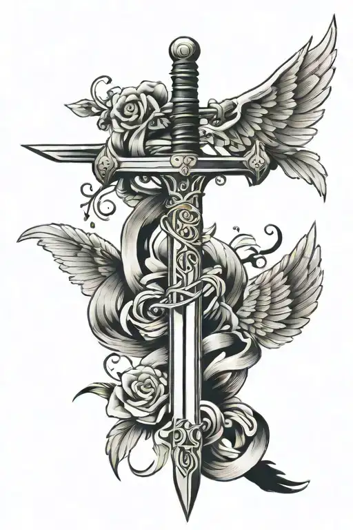 Sword Intertwined Around A Quote With Wings