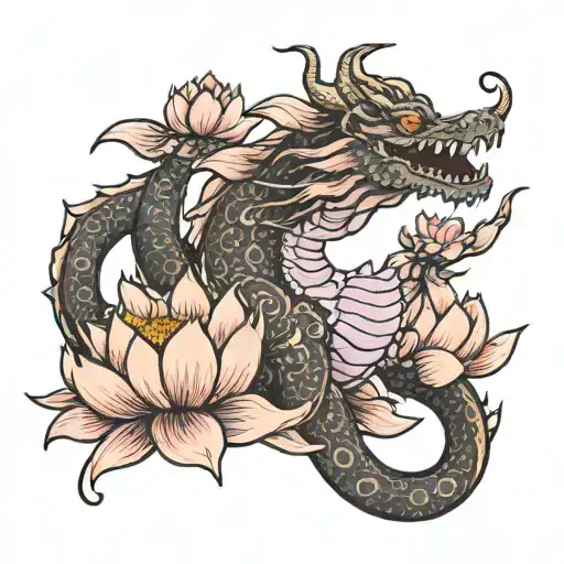 Orange Dragon With Pink Lotus Flower